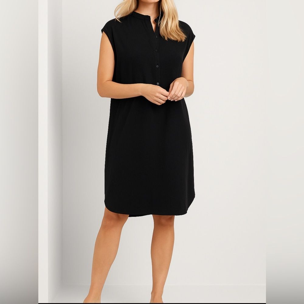 Eileen Fisher  Viscose Jersey Mandarin Collar Dress Size L Black  Stretch